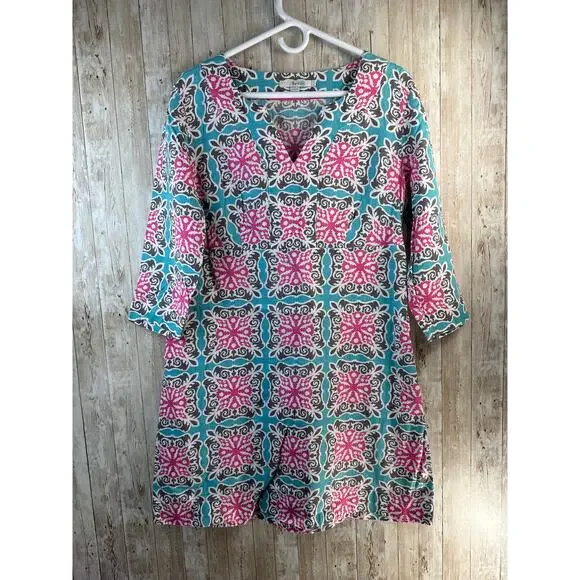 Boden 100% Linen Tunic Shift Dress 10R Turquoise Brown Woodblock Floral Beachy